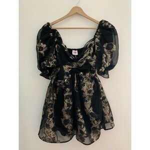 Buddy Love Baby Doll Dress Sz M Empire Waist Puff Sleeve Black Fairy Whimsy Goth